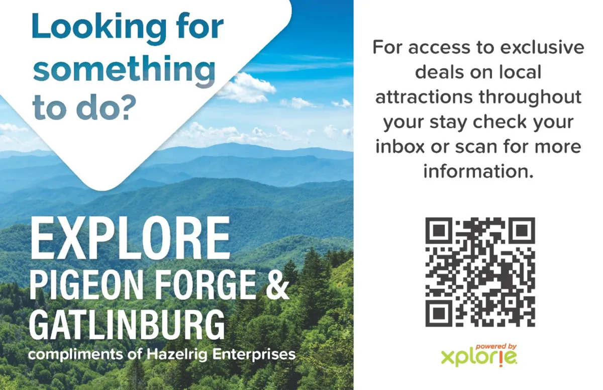 A panoramic view of a mountain range with lush green trees under a clear blue sky, complemented by subtle text encouraging exploration. The image encapsulates the spirit of adventure and the variety of attractions available in the Pigeon Forge area.